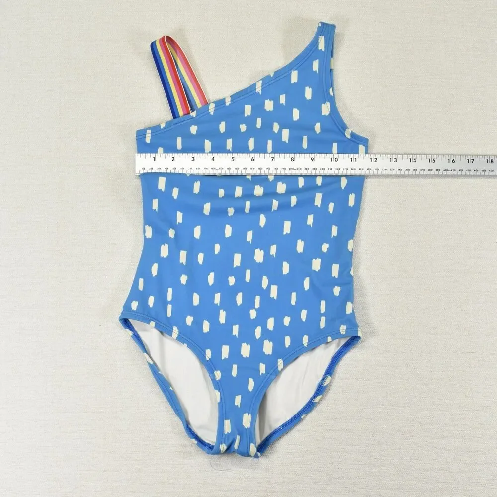Hanna Andersson Girls Size 8 One Piece Swimsuit Blue Dot Rainbow Stripe Strap